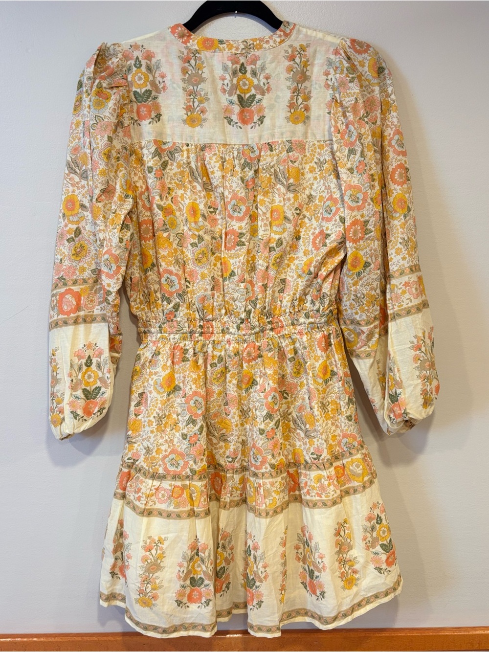 ELAN Monterey Print Tie Neck Long Sleeve Mini Dress Floral Boho Cream Yellow S - Picture 5 of 8